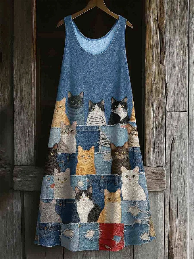 Women's Vintage Cute Cat Print Linen Blend Tank Dress