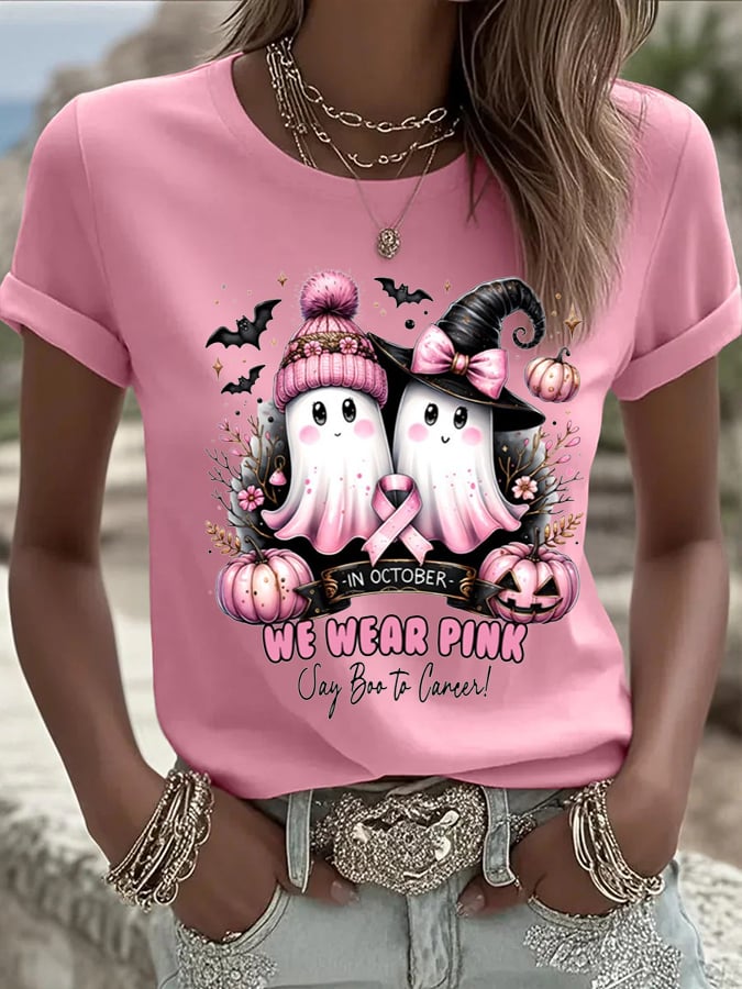 Women's October we wear pink witch print casual T-shirt