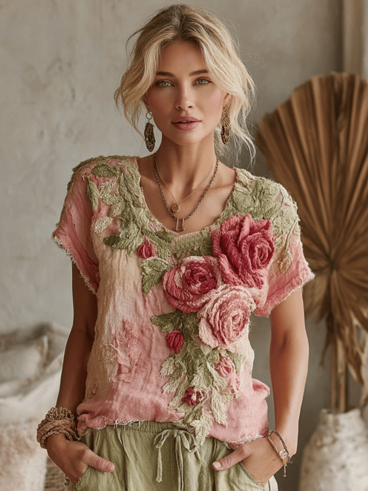 Ladies Summer Washed Wrinkled French Romantic Rose Imitation Embroidery Coarse Linen Printed Casual Tops