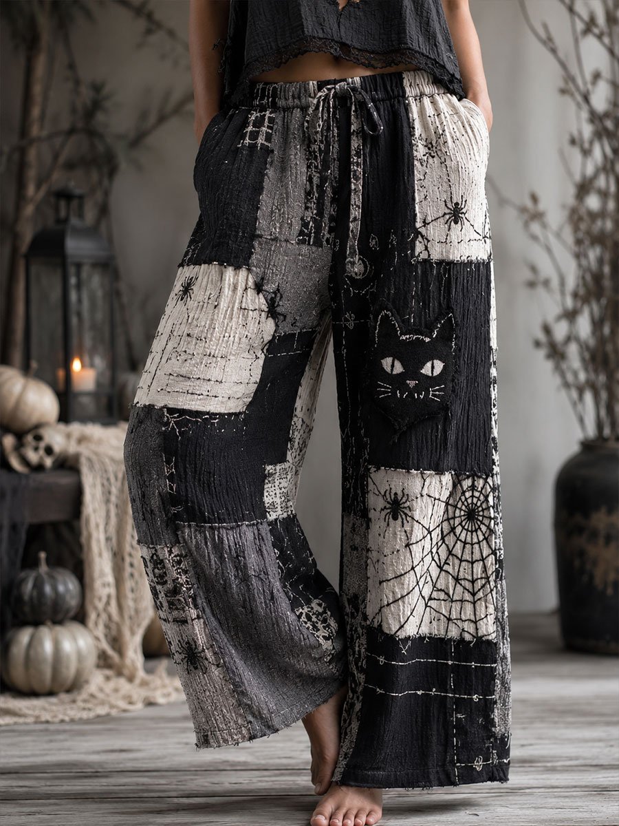 Women's Halloween Black Cat Comfort Wide-Leg Pants