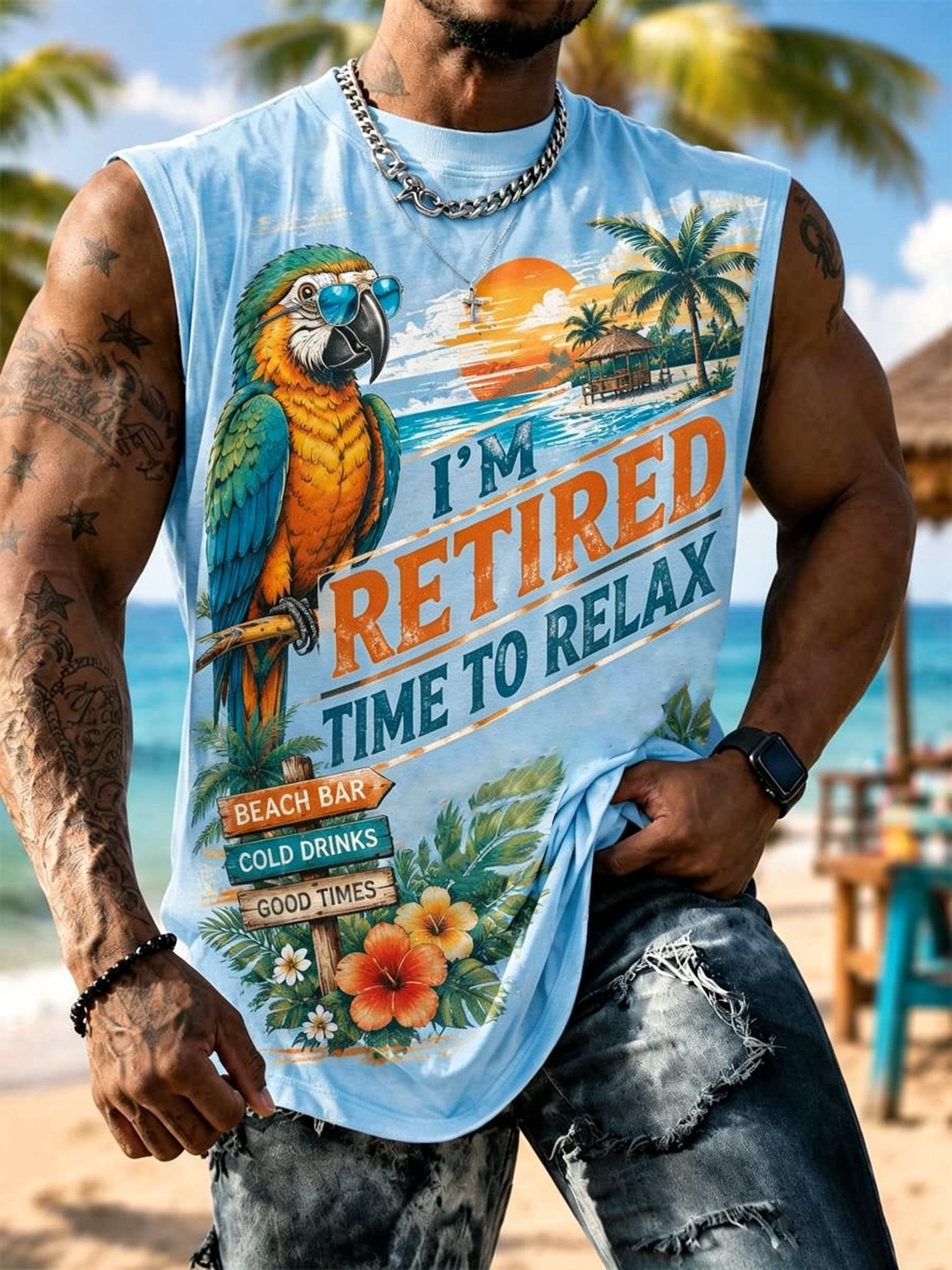 Men's Retro Vacation Parrot I'm Retired Time To Relax Print Round Neck Vest