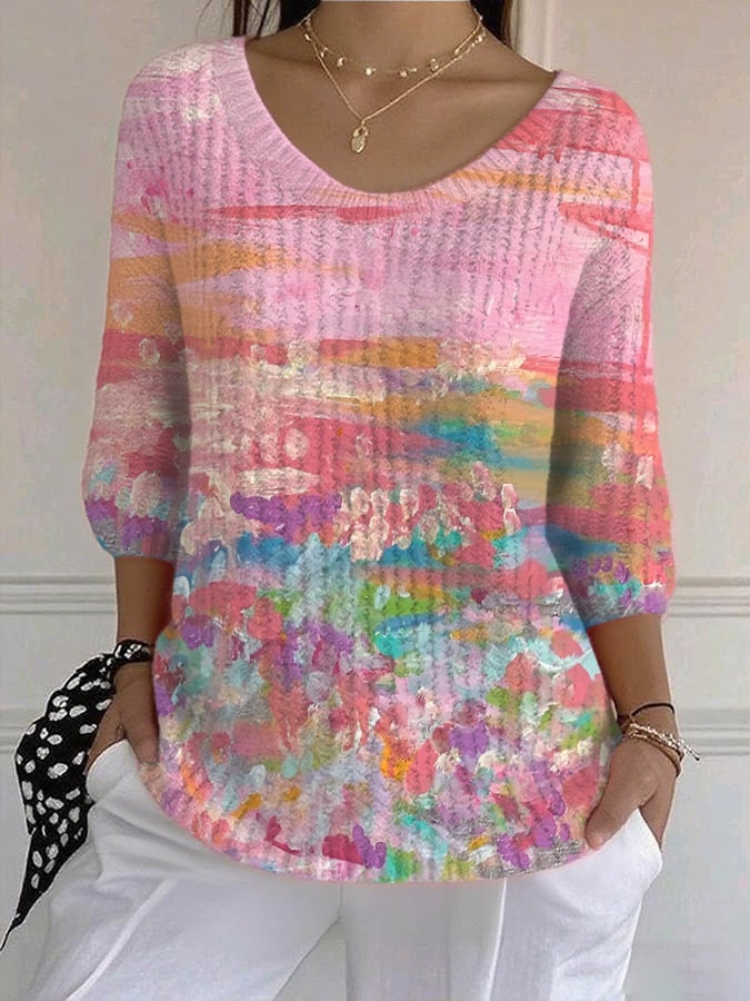 Women's Casual Autumn Pink Oil Painting Sweater