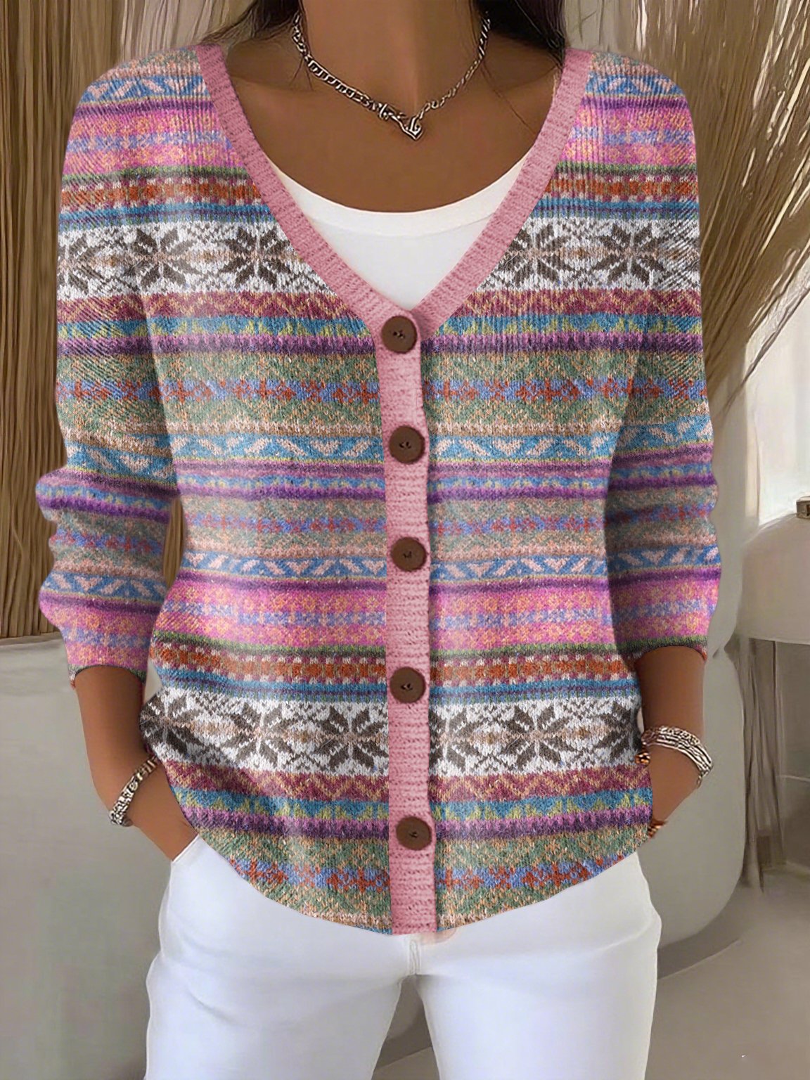 Women's Retro Pink Art Print Cardigan