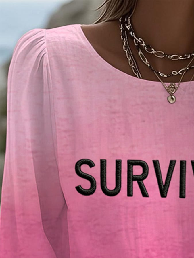 Women's Breast Cancer Survivors Print Round Neck Long Sleeve Linen Blend Shirt