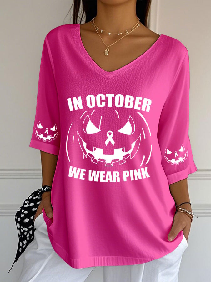 Women's Breast Cancer Print Casual V-Neck Top