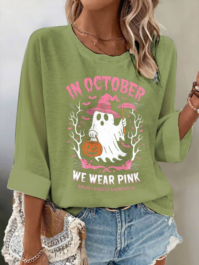 Women's casual October we wear pink waffle ghost long sleeve T-shirt