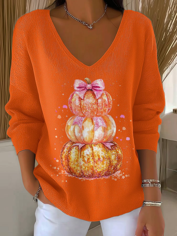 Women's Casual Autumn Pumpkin Striped Long Sleeve Top