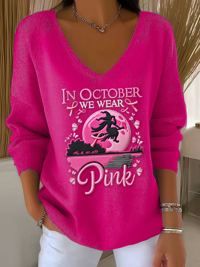 Women's Casual We Wear Pink Witch Pit Stripe Long Sleeve Top In October