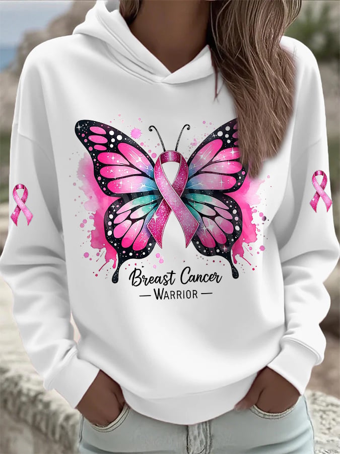Women's Casual Pink Butterfly Ribbon Hoodie