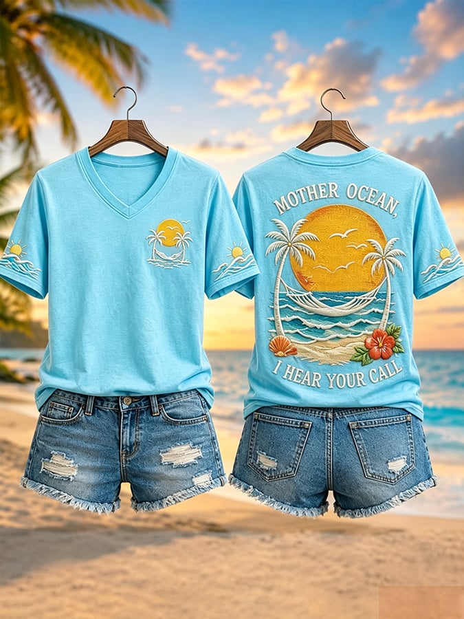 Women's Mother Ocean I Have Heard You Call Print V Neck T-Shirt