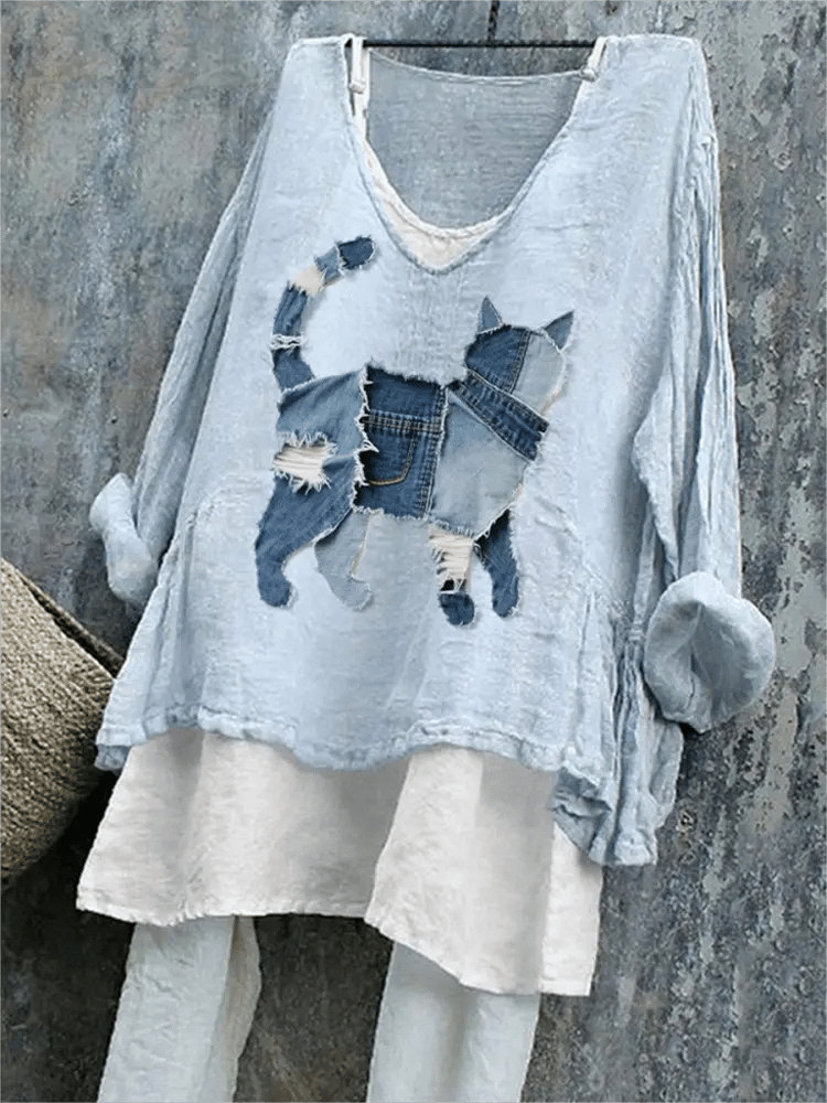 Women's Retro Funny  Animal Cat Print Top