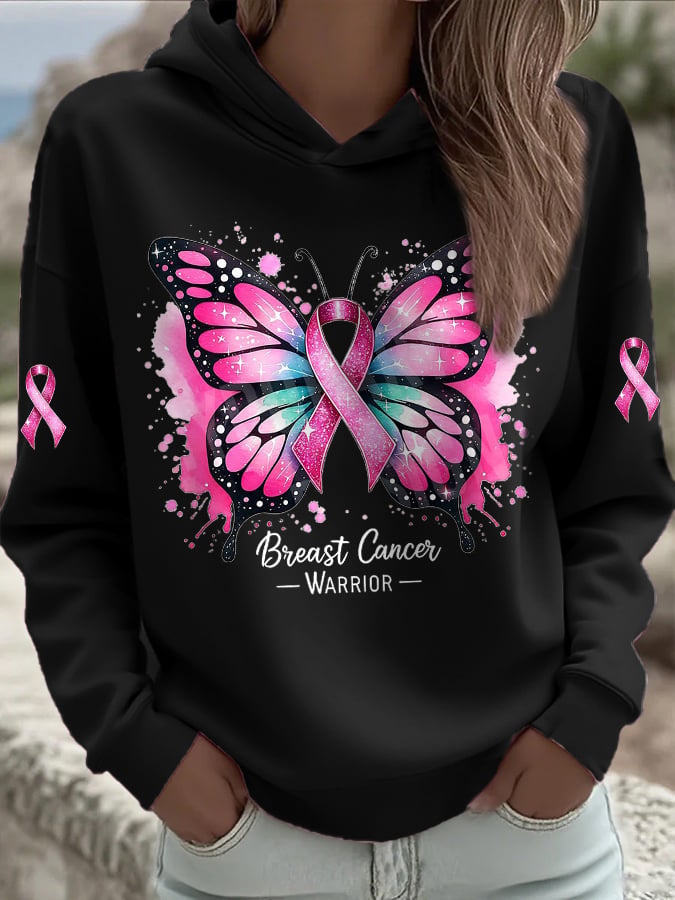 Women's Casual Pink Butterfly Ribbon Hoodie