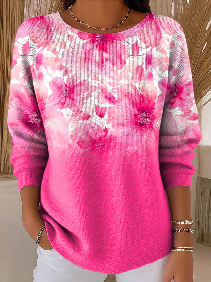 Women's Casual Pink Floral Gradient Texture Long-Sleeved Top