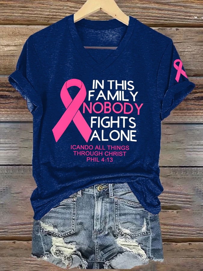 Women's Retro In This Family Nobody Fights Alone Breast Cancer Awareness Print T-Shirt