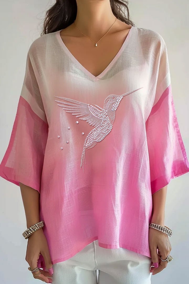 Women's Breast Cancer Pearl Hummingbird Print V-Neck T-Shirt