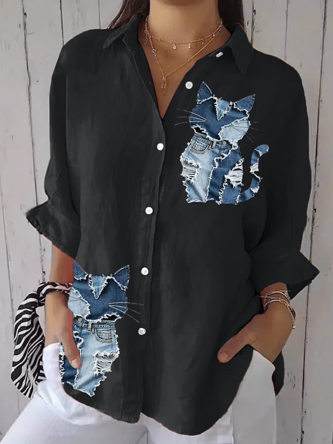 Women's Retro Funny Animal Cat Print Casual Shirt