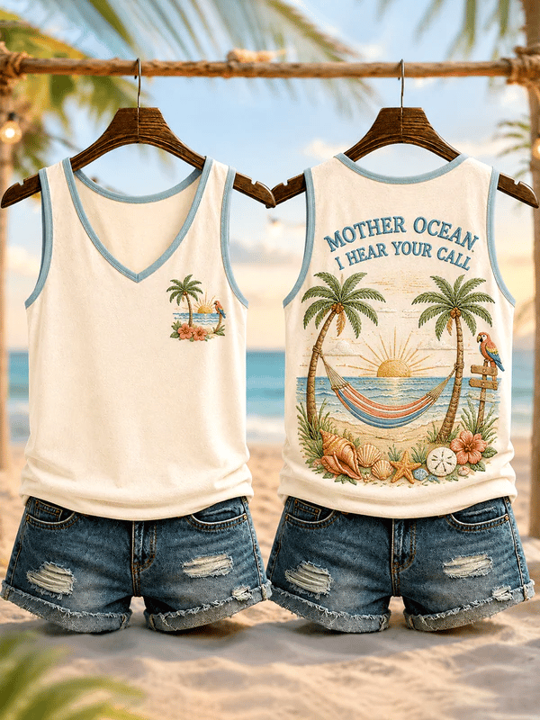 Women's Retro Mother Ocean I Have Heard You Call Print Casual Vest
