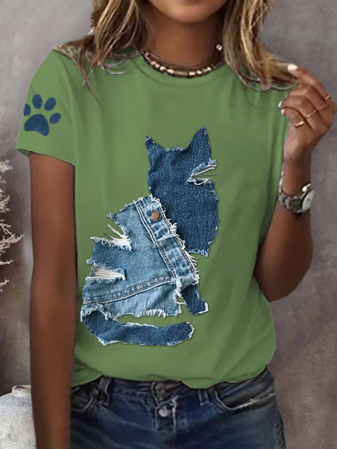 Women's Retro Funny Animal Cat Print T-Shirt
