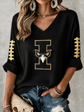 Women'S Rugby Patterned Waffle V-Neck Top