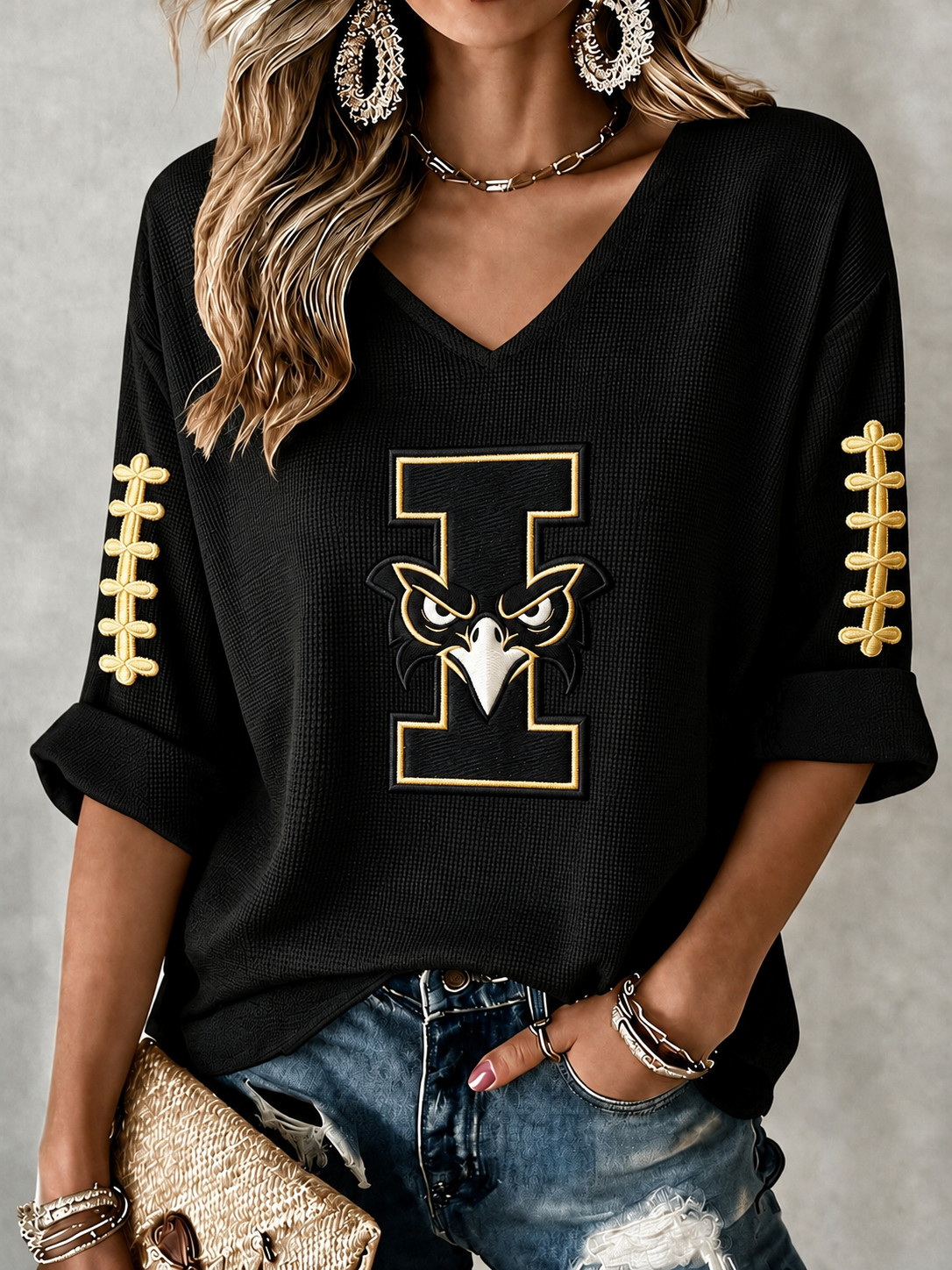 Women'S Rugby Patterned Waffle V-Neck Top