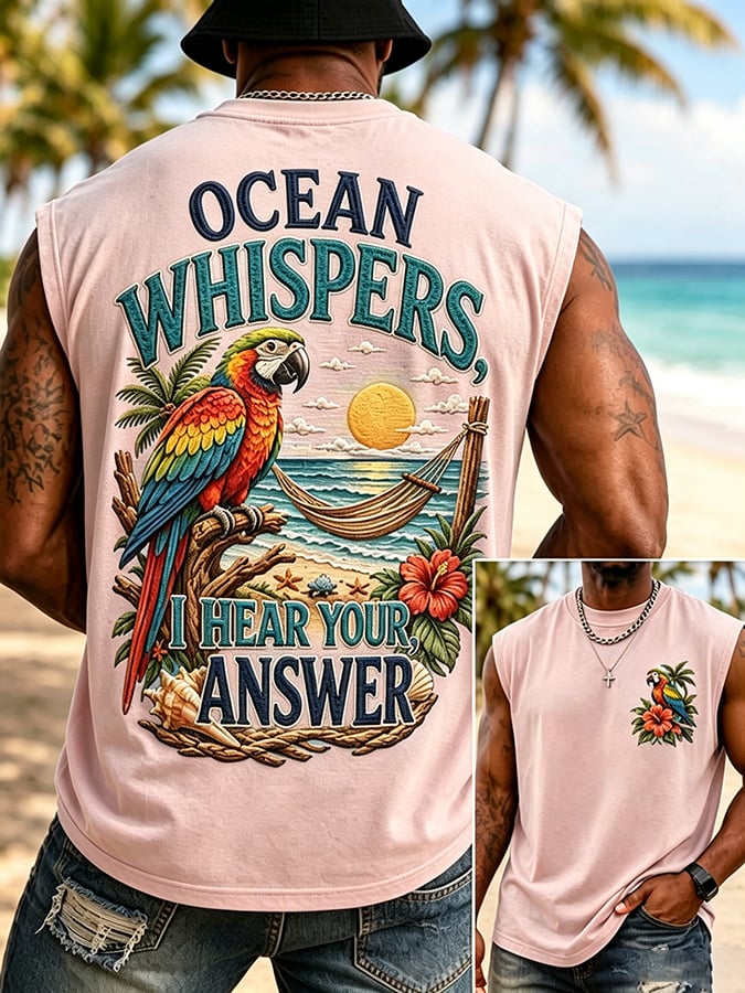 Men's Retro Vacation Ocean Whispers, I Hear Your Answer  Print Round Neck Vest