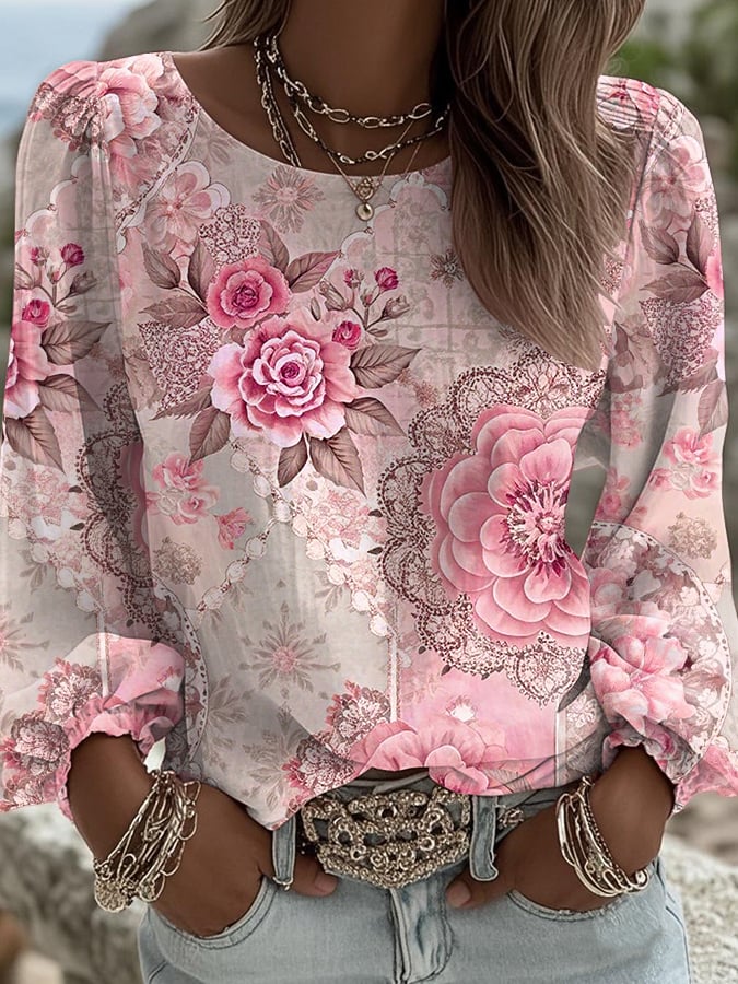 Women's Retro Pink Art Print Crew Neck Long Sleeve Shirt