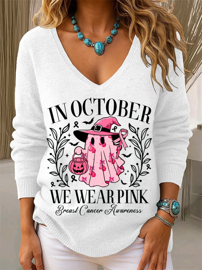 Women's Breast Cancer Awareness In October We Wear Pink Print Long Sleeve Knit Top