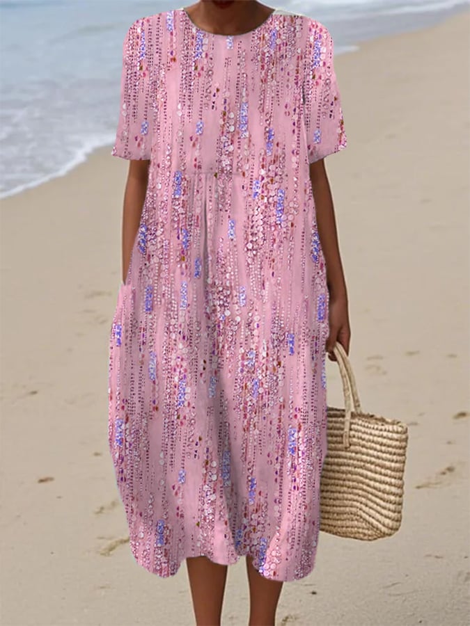 Women's Pink Art  Printed Casual Round Neck Short Sleeve Dress