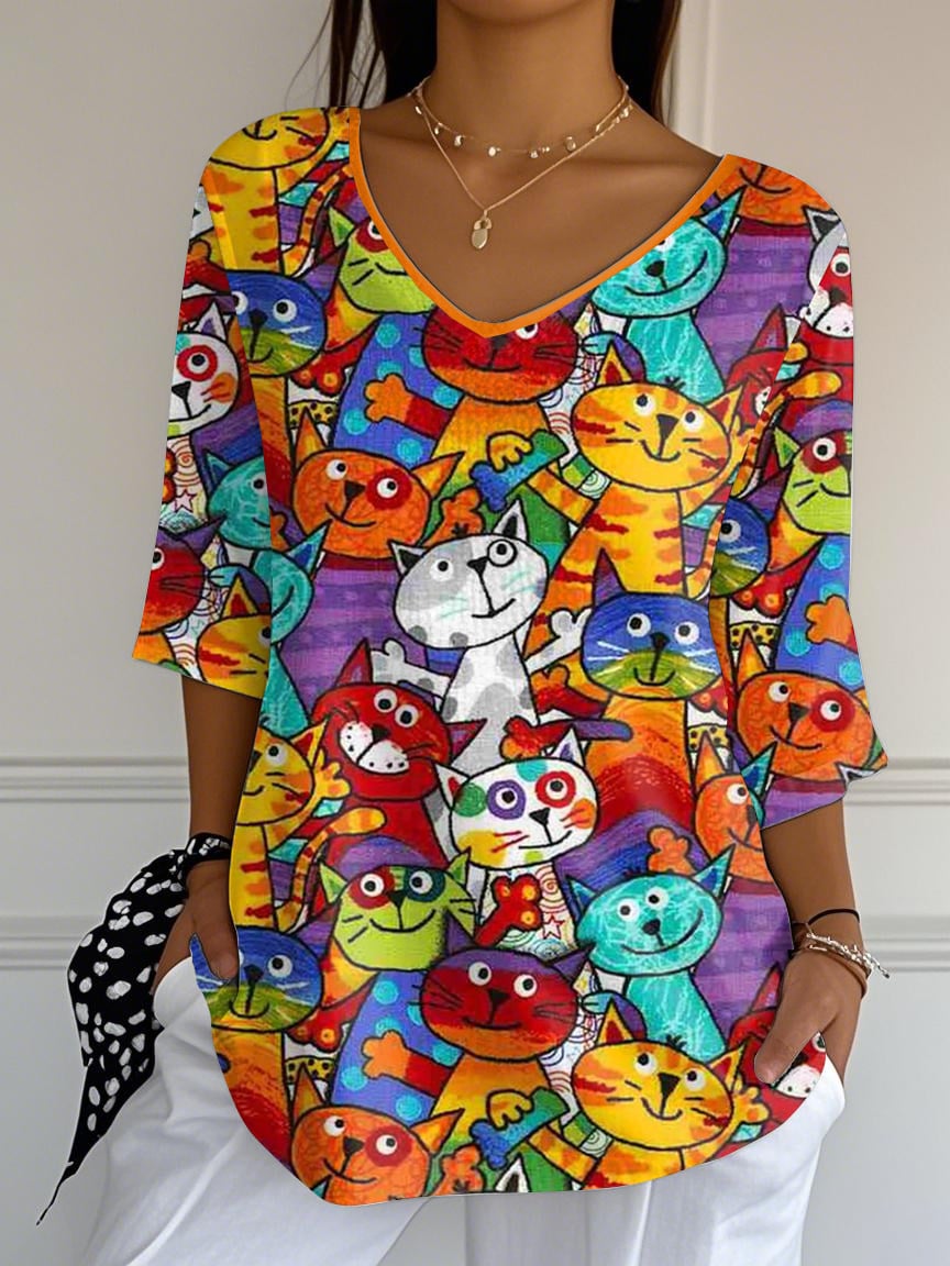 Women's Retro Funny Animal Cat Print Mid Sleeve T-Shirt