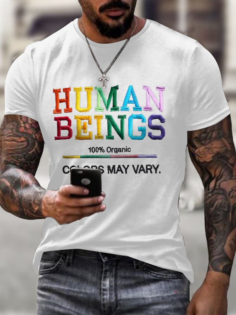 Men's Retro Human Beings 100% Organic Colors May Vary Human Rights Equality Pride Print T-Shirt