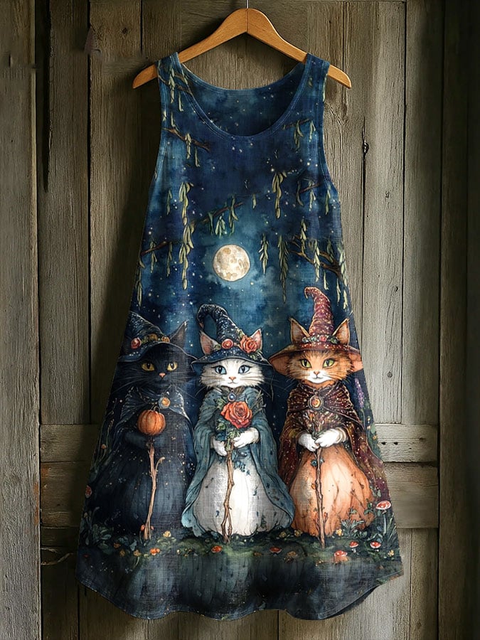 Women's Casual Cute Cat Cotton And Linen Dress