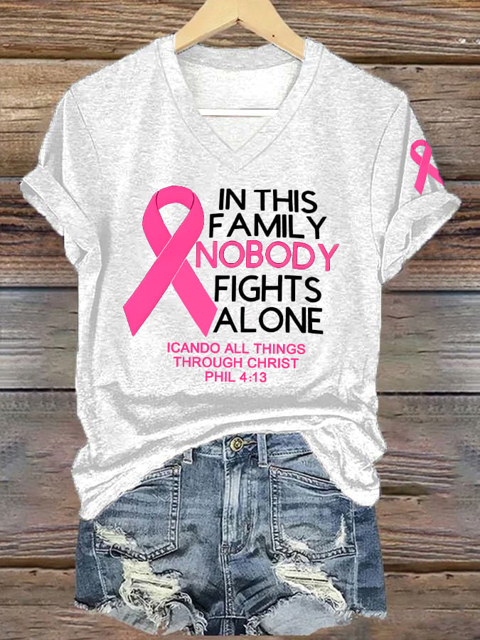 Women's Retro In This Family Nobody Fights Alone Breast Cancer Awareness Print T-Shirt