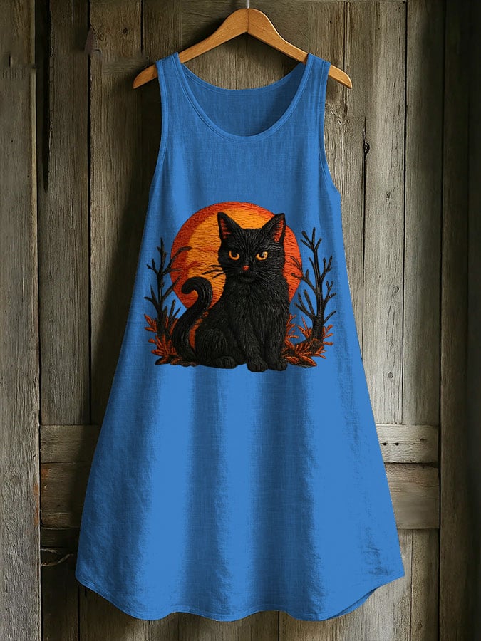Women's Casual Black Cat Cotton And Linen Dress
