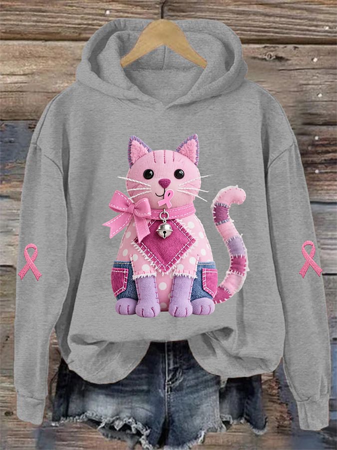 Women's Pink Cat Pink Ribbon Breast Cancer Awareness Support Print Sweatshirt