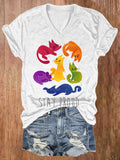 Women's Colorful Five Emotions Squirrel Print V-Neck T-Shirt Top