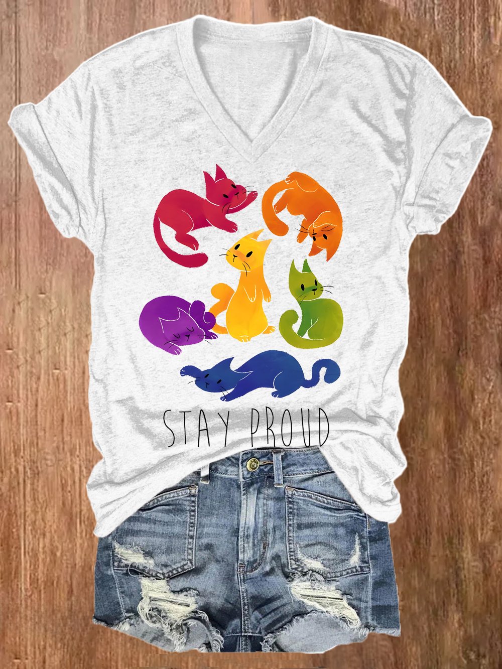 Women's Colorful Five Emotions Squirrel Print V-Neck T-Shirt Top