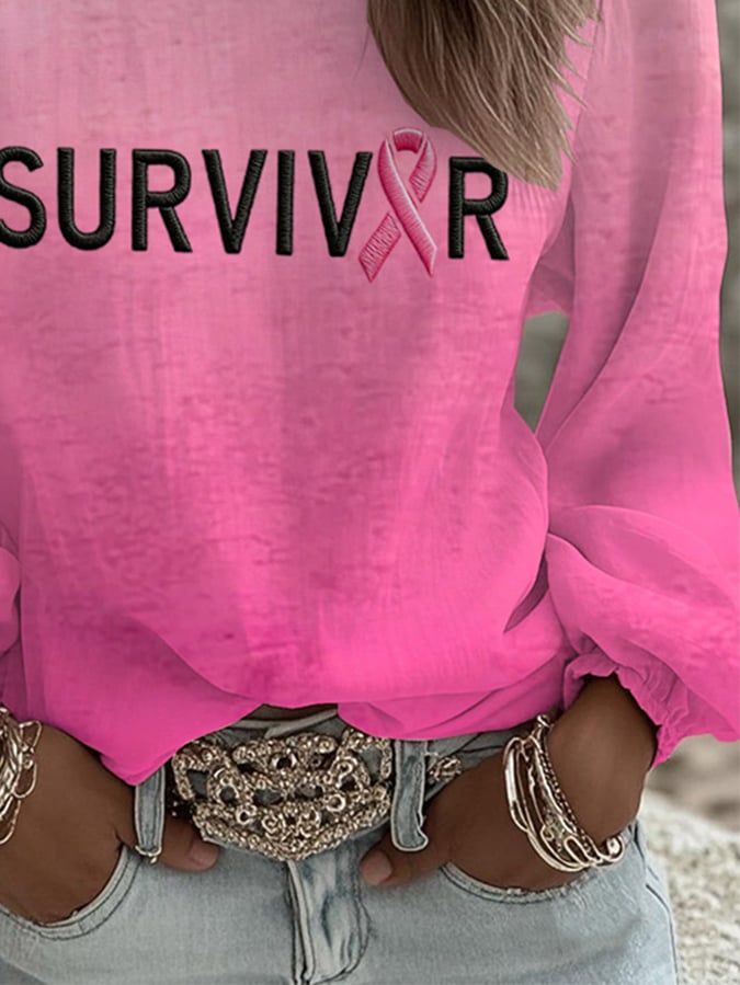 Women's Breast Cancer Survivors Print Round Neck Long Sleeve Linen Blend Shirt