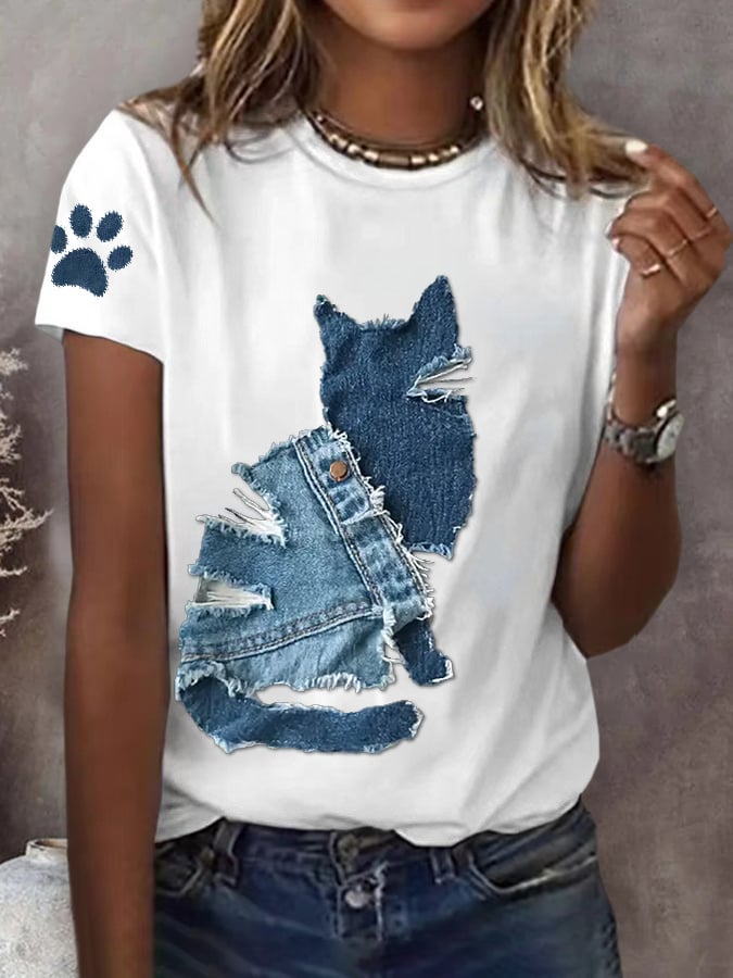 Women's Retro Funny Animal Cat Print T-Shirt
