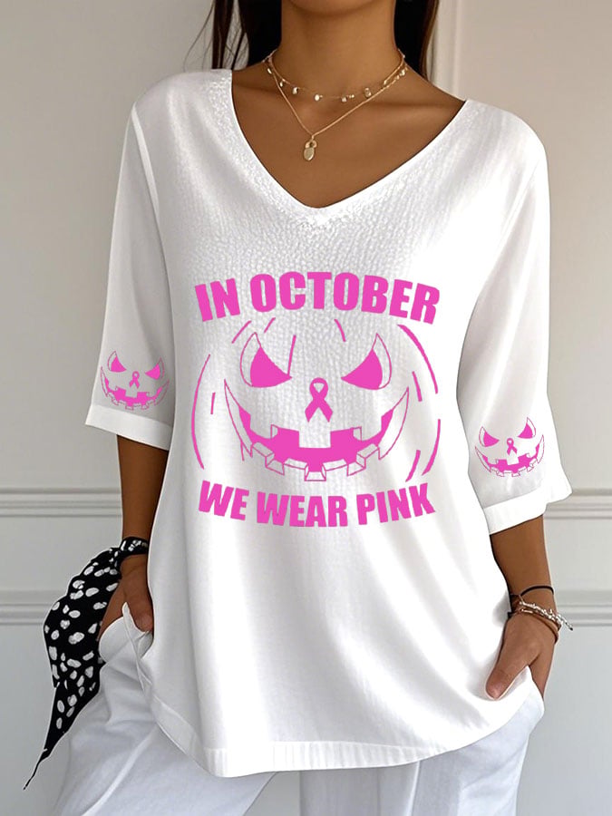 Women's Breast Cancer Print Casual V-Neck Top