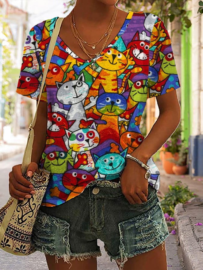 Women's Funny Cat Print Short Sleeve T-Shirt