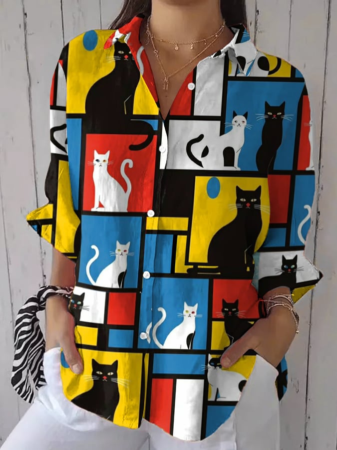 Women's Retro Funny  Animal Cat Print Casual Shirt