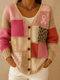 Women's Breast Cancer Patchwork Knitting Print Cardigan