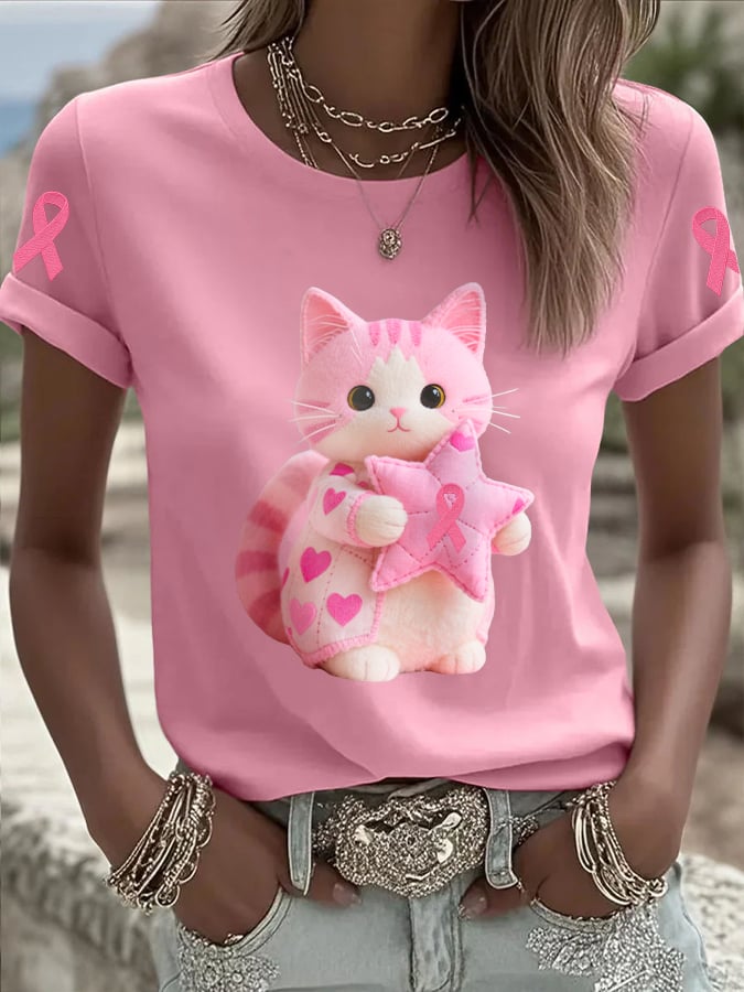 Women's Retro Pink Kitten Printed Casual T-Shirt
