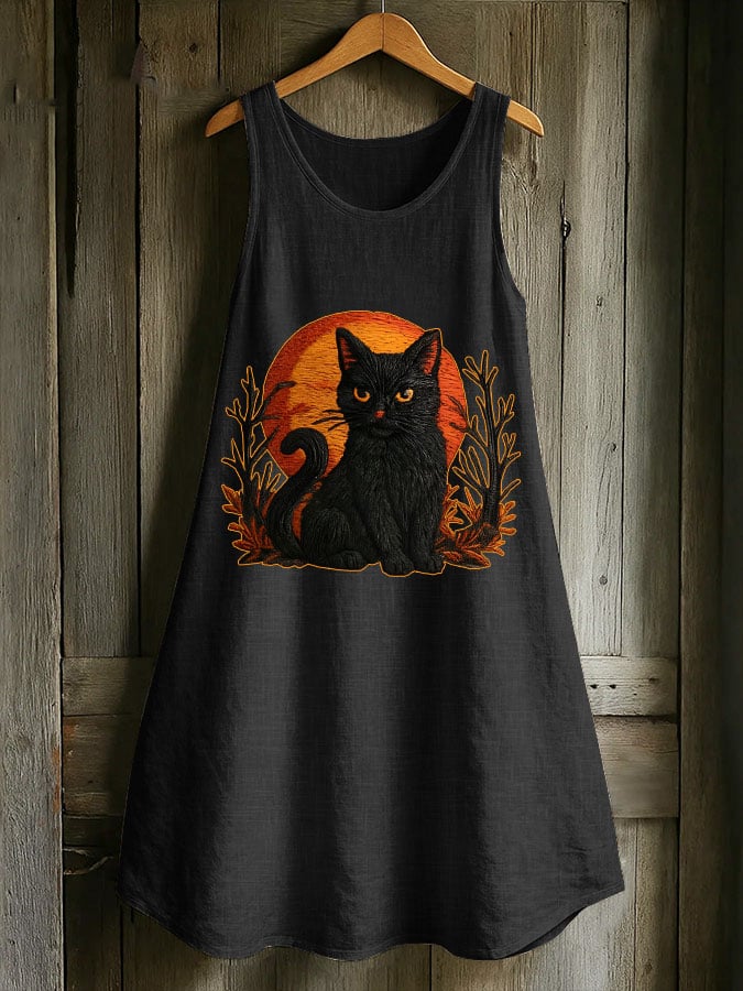 Women's Casual Black Cat Cotton And Linen Dress