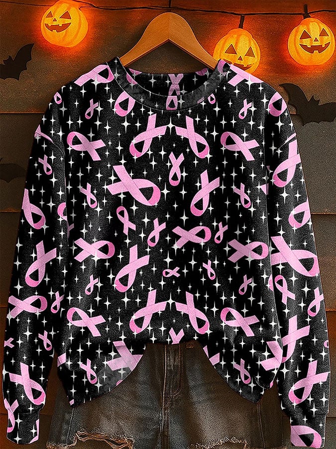 Women's Breast Cancer Print Crew Neck Sweatshirt