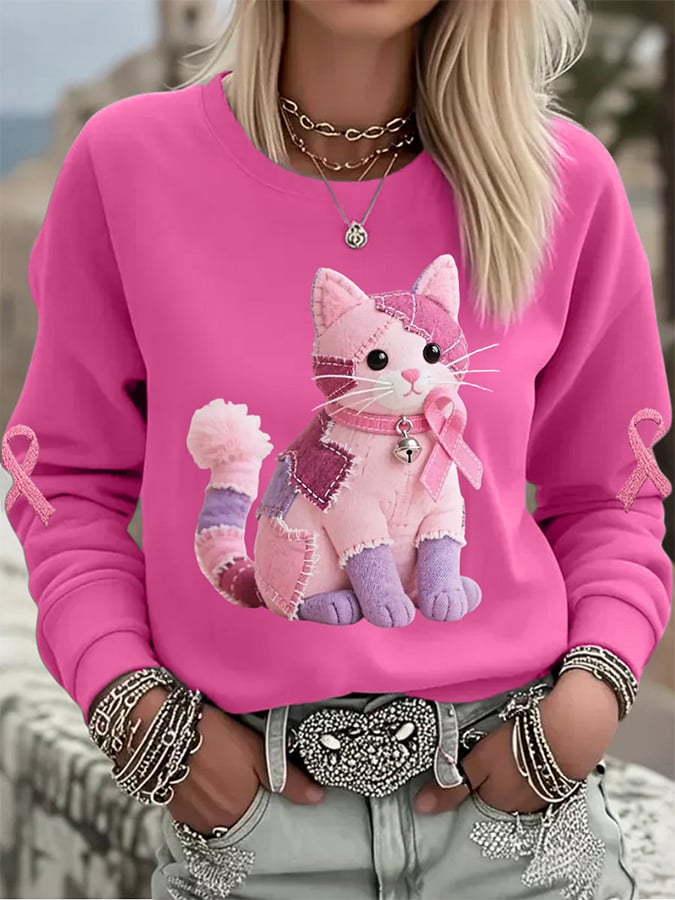 Women's Pink Cat Pink Ribbon Breast Cancer Awareness Support Print Sweatshirt