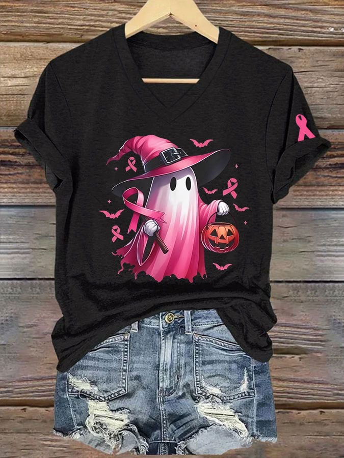 Women's Breast Cancer Awareness Cute Ghost Print V-Neck T-Shirt