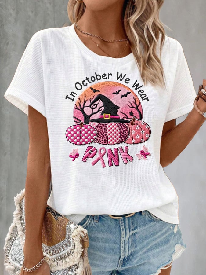 Women's Casual October We Wear Pink Ghost Waffle T-shirt