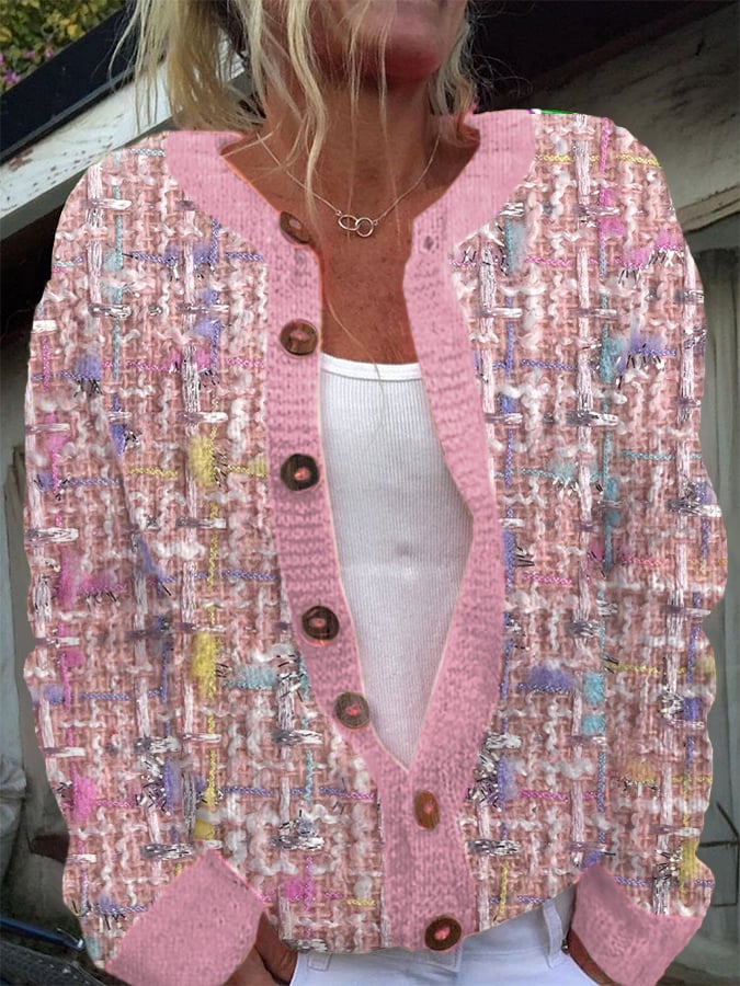 Women's Pink Plaid Print Long Sleeve Knitted Cardigan