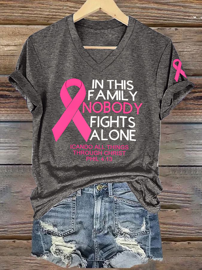 Women's Retro In This Family Nobody Fights Alone Breast Cancer Awareness Print T-Shirt